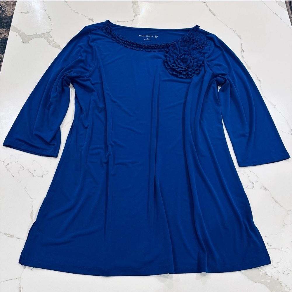 Susan Graver Royal Blue Liquid Knit Party Top Tunic XL Ruffle Floral Rosette